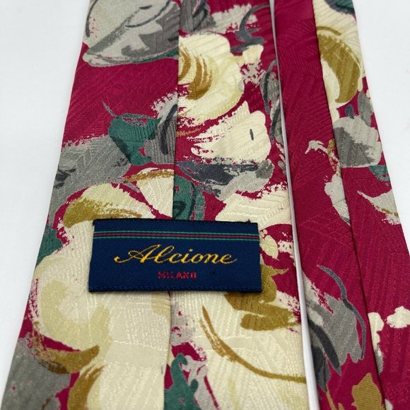 Alcione Milano 100% Silk Tie Made in Italy Floral Red - Picture 6 of 8